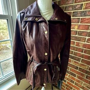 Bernardo Rich Brown Leather Jacket with Belt Gold Hardware Boho Chic Edgy Moto